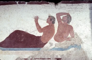 Griechische Malerei aus dem Grab des Tauchers, Paestum, 480 v. Chr. Bankettszene. Symposiumsszene, Italien